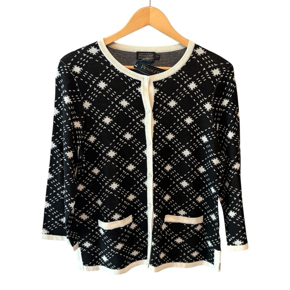 Pendleton Cardigan Sweater Jacket Black White Silk Knit size Large Petite, NEW